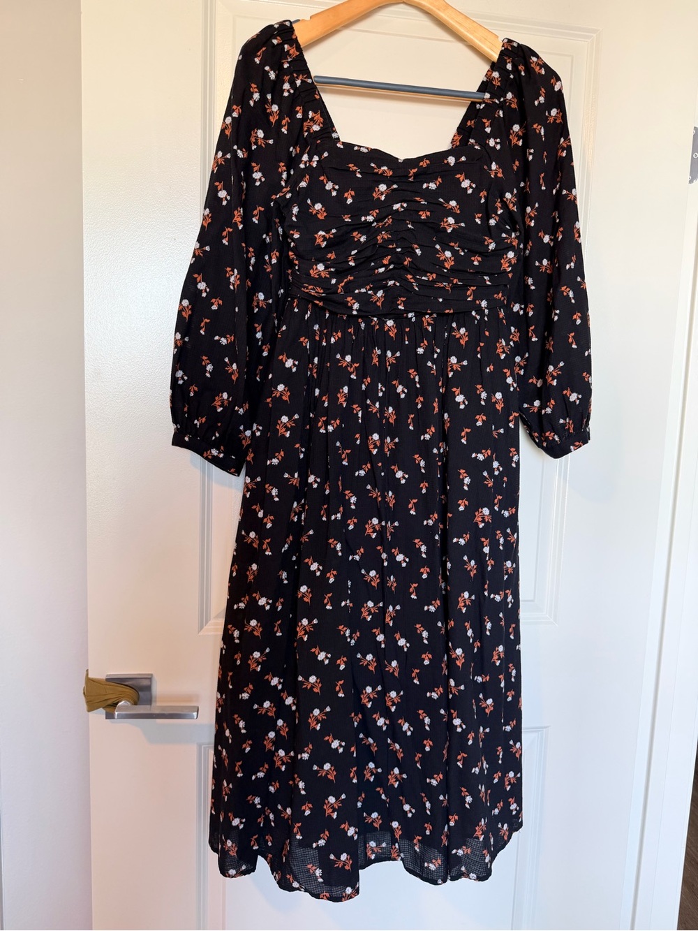 Madewell Woodland Floral Puff-Sleeve Ruched Midi Dress Black Size M